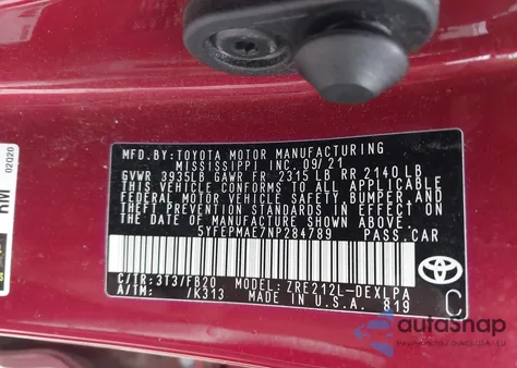 2022 Toyota Corolla Le z USA, uszkodzony, nr VIN 5YFEPMAE7NP284789